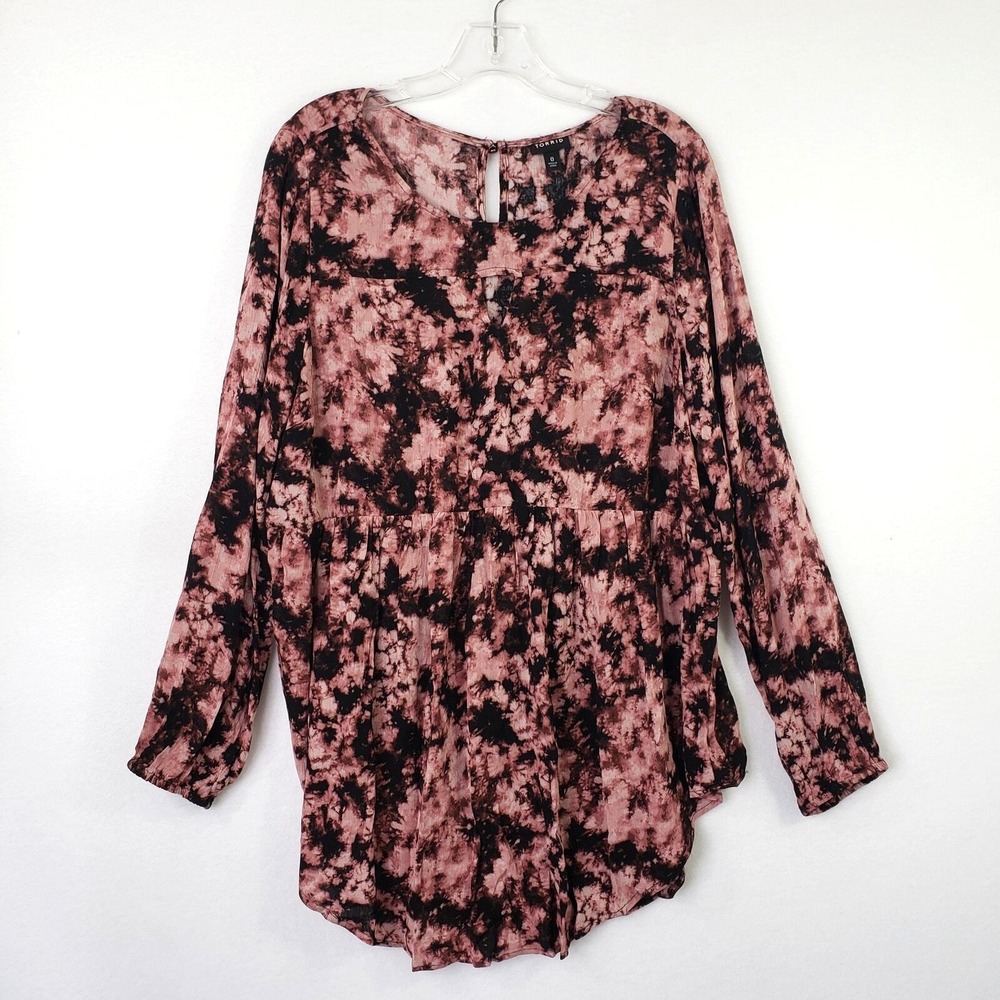 Torrid Blouse Womens Plus‎ Size 0 Rose Black Tie Dye Print Long Sleeve Top Gauze